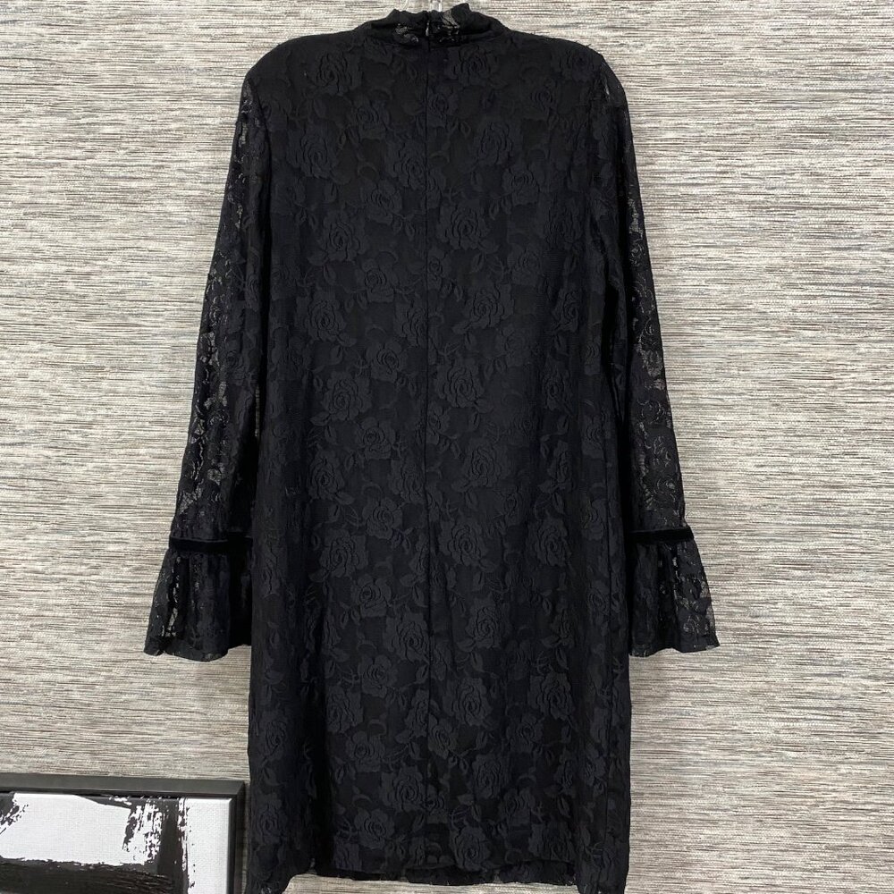 🖤Libby Edelman Lacey Black Floral Rose Pattern Dress Velvet Cuff Ties Keyhole N - Picture 4 of 6